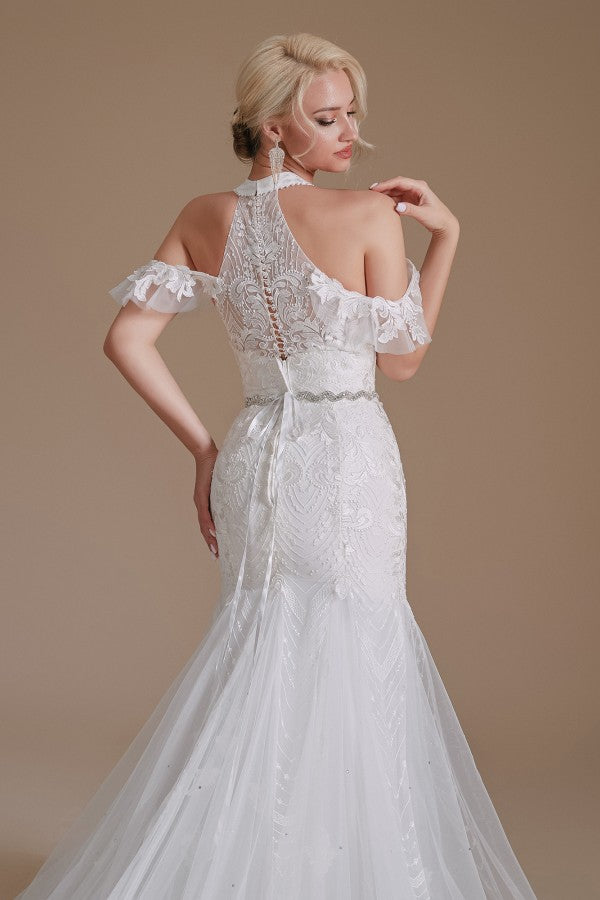 Elegant Long Mermaid Halter Tulle Floor-Length Wedding Dress with Appliques Lace