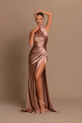 Elegant Long Mermaid High Neck Satin Formal Prom Dress With Slit