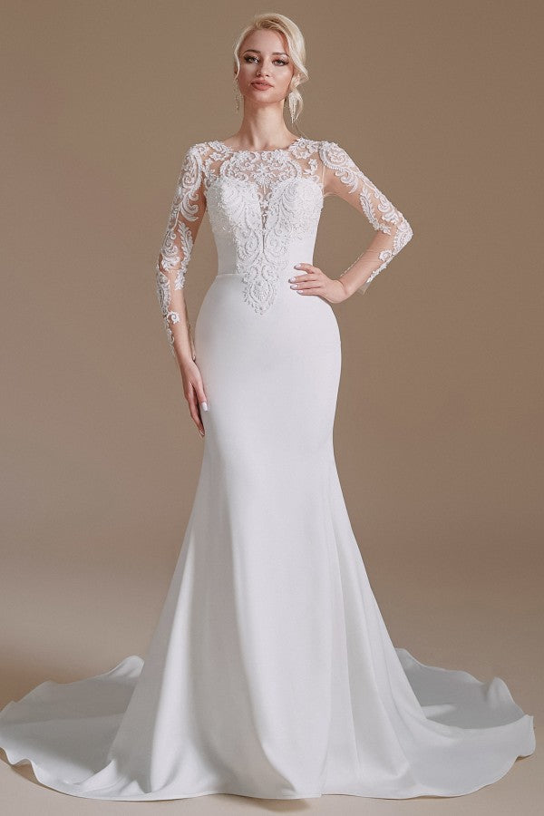 Elegant Long Mermaid Jewel Satin Lace Wedding Dress with Sleeves