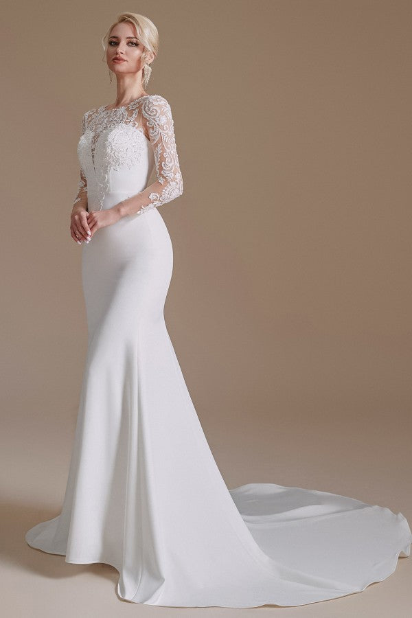 Elegant Long Mermaid Jewel Satin Lace Wedding Dress with Sleeves