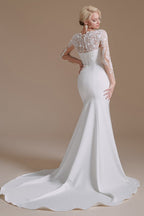 Elegant Long Mermaid Jewel Satin Lace Wedding Dress with Sleeves