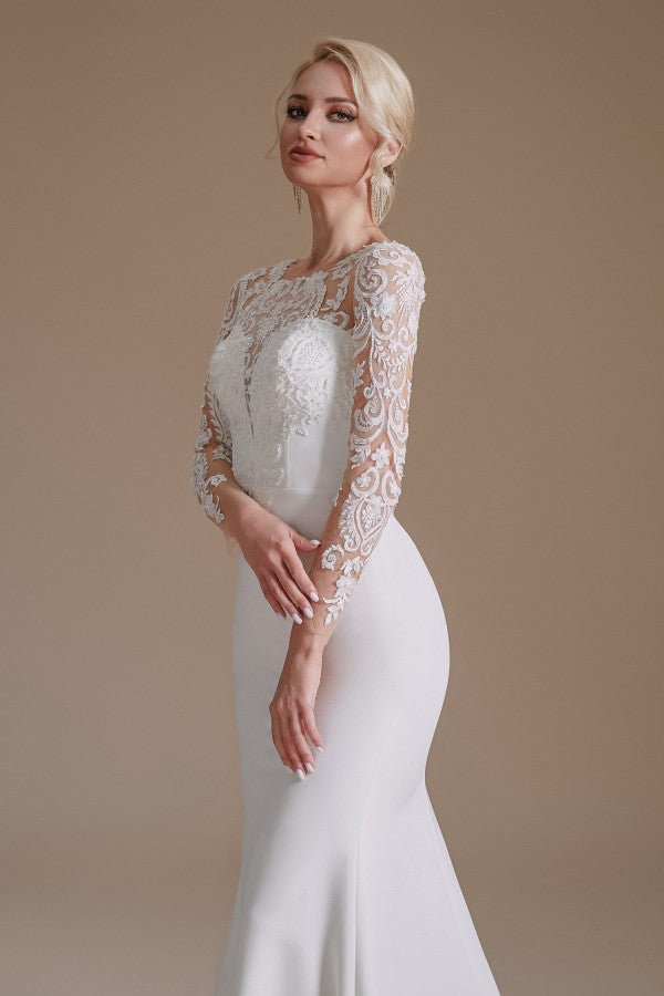 Elegant Long Mermaid Jewel Satin Lace Wedding Dress with Sleeves
