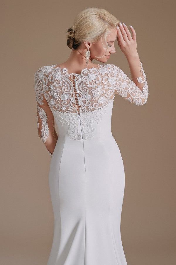 Elegant Long Mermaid Jewel Satin Lace Wedding Dress with Sleeves