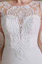 Elegant Long Mermaid Jewel Satin Lace Wedding Dress with Sleeves