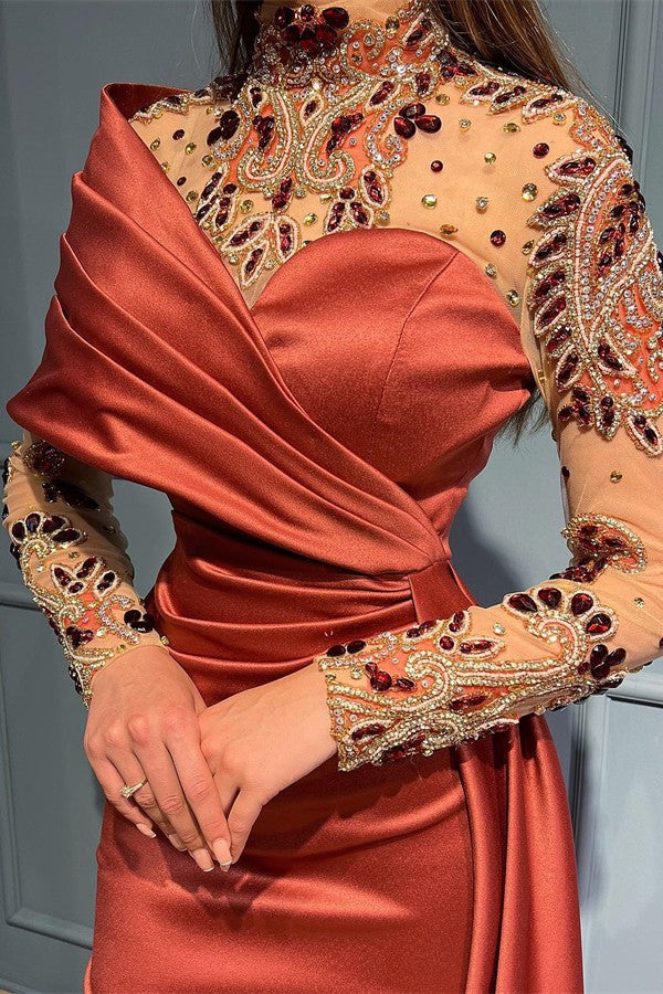 Elegant Long Mermaid One Shoulder Ruffles Satin Beading Lace Prom Dress with Sleeves
