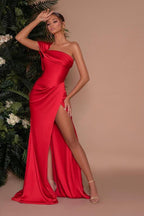 Elegant Long Mermaid One Shoulder Satin Formal Prom Dress with Slit