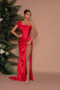Elegant Long Mermaid One Shoulder Satin Formal Prom Dress with Slit