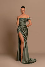 Elegant Long Mermaid One Shoulder Satin Formal Prom Dresses with Slit