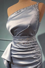 Elegant Long Mermaid One Shoulder Satin Glitter Prom Dress