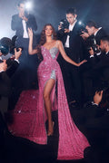 Elegant Long Mermaid Spaghetti Straps Sequined Formal Prom Dresses With Slit