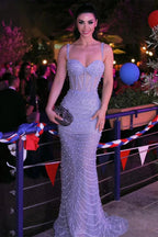 Elegant Long Mermaid Sweetheart Spaghetti Straps Tulle Beads Formal Prom Dresses