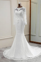 Elegant Long Mermaid Tulle Jewel Wedding Dress with Sleeves