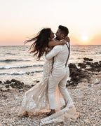 Elegant Long Mermaid V-neck Floral Lace Backless Wedding Dress