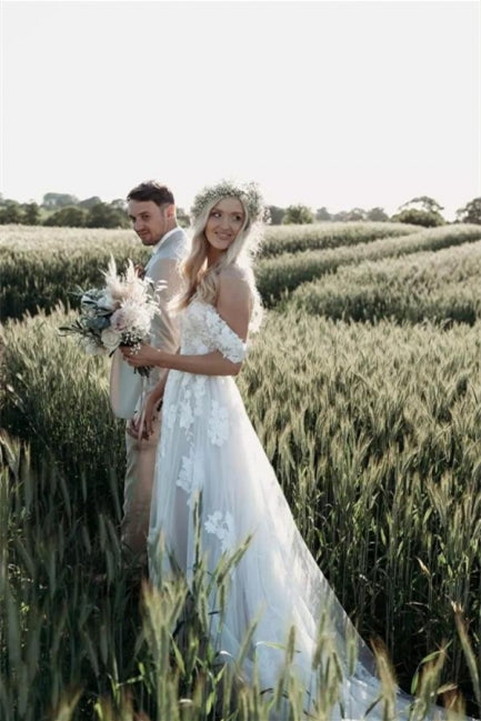 Elegant Long Off-the-Shoulder Tulle Floral Lace Wedding Dress