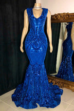 Elegant Long Red Mermaid Sleeveless Prom Dress With Lace