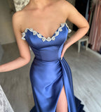 Elegant Long Royal Blue A-line Sleeveless Prom Dress With Slit