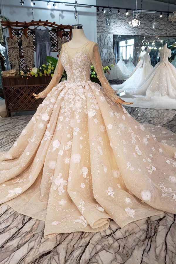 Elegant Long Sleeves Ball Gown Beading Wedding Dress With Flowers