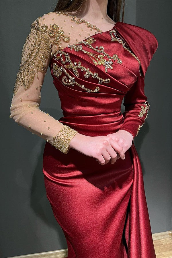 Elegant Long Sleeves Mermaid Asymmetrical Ruffles Satin Tulle Prom Dresses