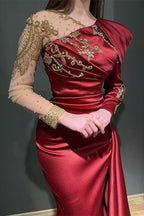 Elegant Long Sleeves Mermaid Asymmetrical Ruffles Satin Tulle Prom Dresses