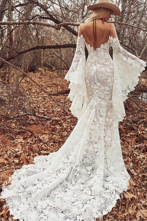 Elegant Long Sleeves Mermaid Lace Backless Wedding Dresses