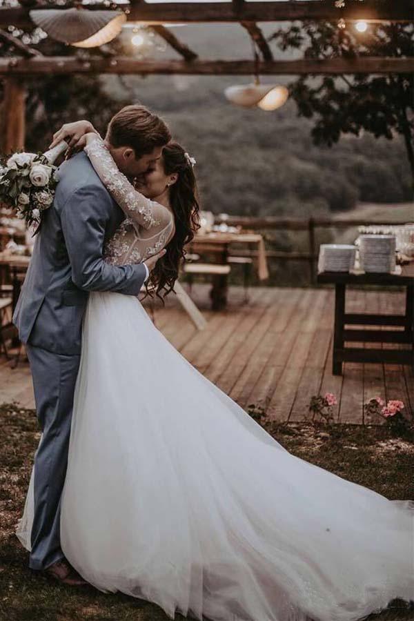 Elegant Long Sleeves Tulle Wedding Dresses Bridal Gowns With Lace Applique