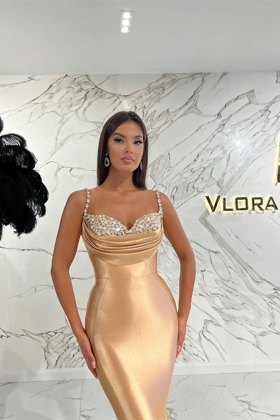 Elegant Long Spaghetti Straps Sequined Sleeveless Prom Dress