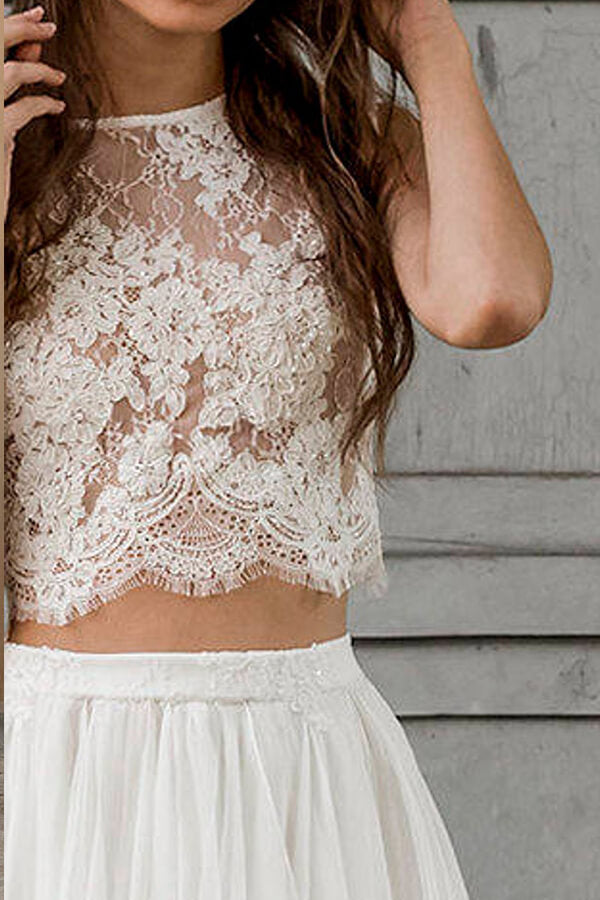 Elegant Long Two Piece A-line Lace Chiffon Wedding Dress