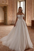 Elegant Long White A-line Off-the-shoulder Tulle Rhinestones Pearls Wedding Dress