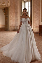 Elegant Long White A-line Off-the-shoulder Tulle Rhinestones Pearls Wedding Dress