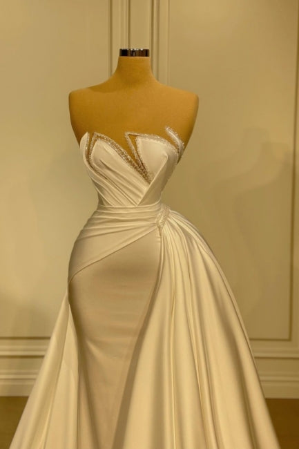 Elegant Long White Glitter Sleeveless Mermaid Wedding Dresses With Lace