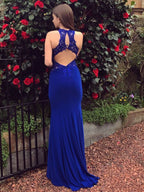 Elegant Mermaid Lace Backless Long Prom Dresses Royal Blue Formal Evening Gowns