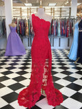 Elegant Mermaid One Shoulder Lace Long Prom Dresses with High Slit