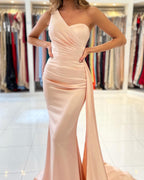 Elegant Mermaid One Shoulder Satin Long Formal Prom Dress