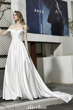 Elegant Off Shoulder Satin Floor Length Bridal Gown Sweetheart Floral Lace Aline Wedding Dress