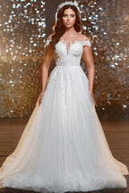 Elegant off-the-shoulder jewel cap sleeves a-line lace Wedding dress