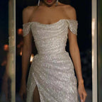 Elegant Off-the-shoulder Sleeveless A-line Sequined Wedding Dress With Slit