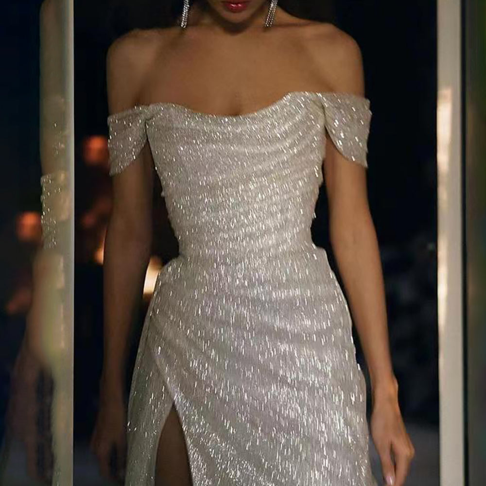 Elegant Off-the-shoulder Sleeveless A-line Sequined Wedding Dress With Slit