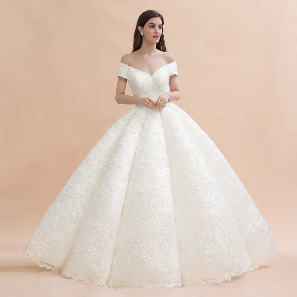 Elegant Off-the-Shoulder White Lace Appliques Bridal Gowns Wedding Dress