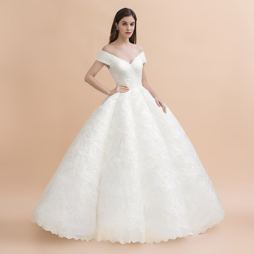 Elegant Off-the-Shoulder White Lace Appliques Bridal Gowns Wedding Dress