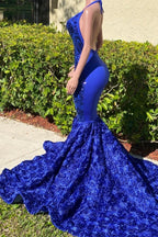 Elegant Royal Blue Halter Floor Length Sleeveless Lace Mermaid Prom Dress