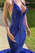 Elegant Royal Blue Halter Floor Length Sleeveless Lace Mermaid Prom Dress