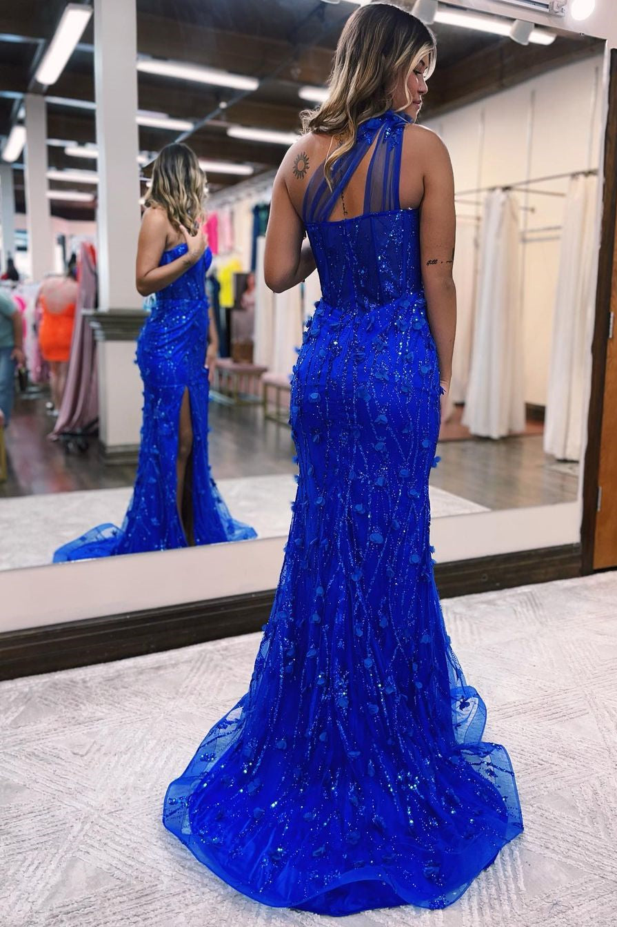 Elegant Royal Blue One Shoulder Mermaid Lace Prom Dress With Slit