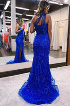 Elegant Royal Blue One Shoulder Mermaid Lace Prom Dress With Slit