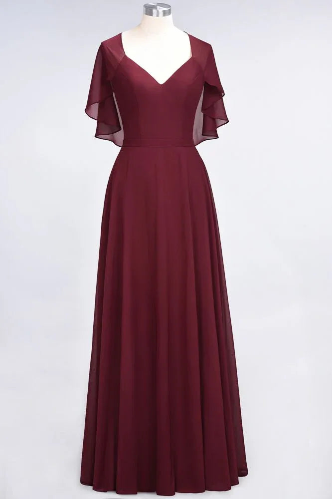 Elegant Satin V-Neck Short Sleeve Princess Bridesmaid Dress Ruffle Chiffon Wedding Guest Dress