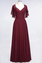 Elegant Satin V-Neck Short Sleeve Princess Bridesmaid Dress Ruffle Chiffon Wedding Guest Dress