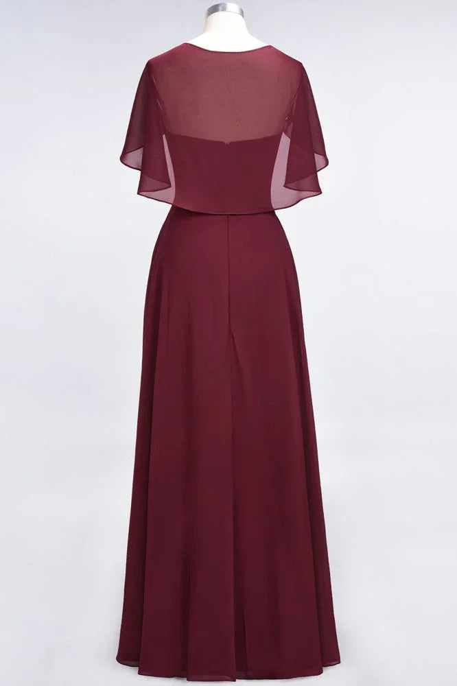 Elegant Satin V-Neck Short Sleeve Princess Bridesmaid Dress Ruffle Chiffon Wedding Guest Dress