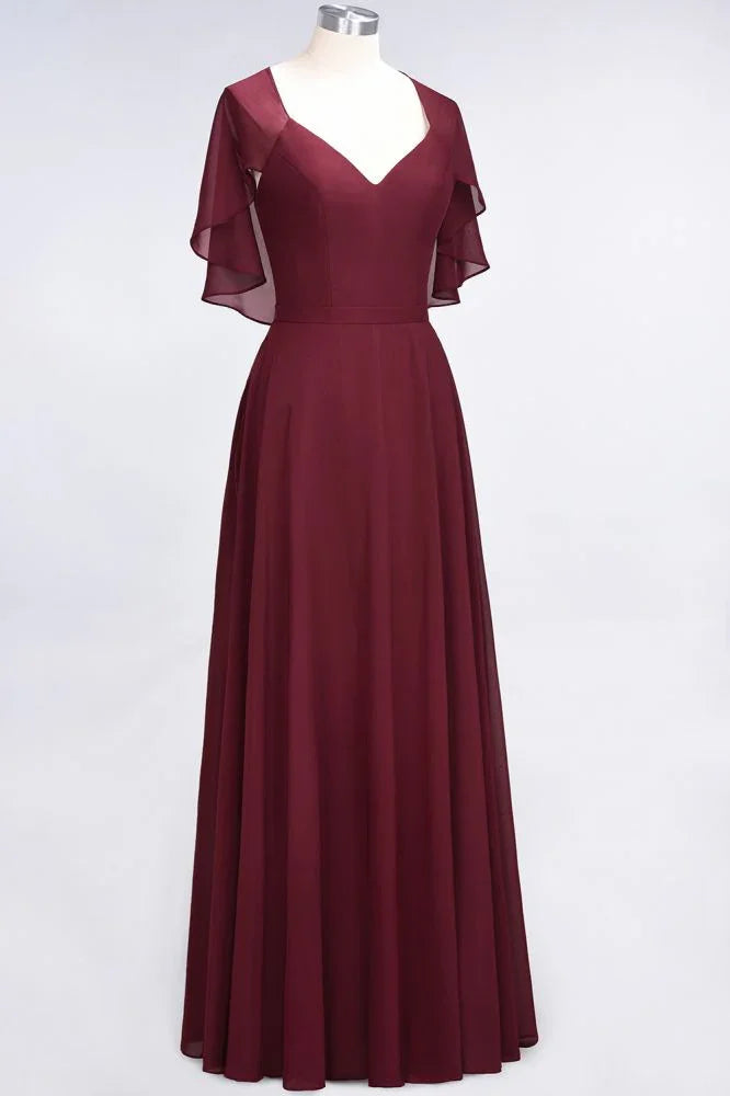 Elegant Satin V-Neck Short Sleeve Princess Bridesmaid Dress Ruffle Chiffon Wedding Guest Dress
