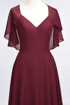 Elegant Satin V-Neck Short Sleeve Princess Bridesmaid Dress Ruffle Chiffon Wedding Guest Dress