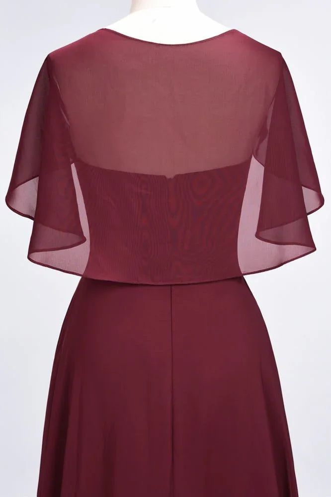 Elegant Satin V-Neck Short Sleeve Princess Bridesmaid Dress Ruffle Chiffon Wedding Guest Dress