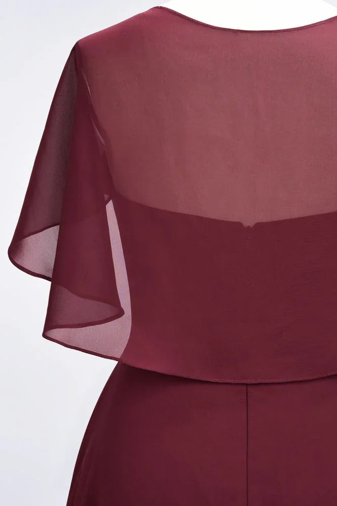Elegant Satin V-Neck Short Sleeve Princess Bridesmaid Dress Ruffle Chiffon Wedding Guest Dress